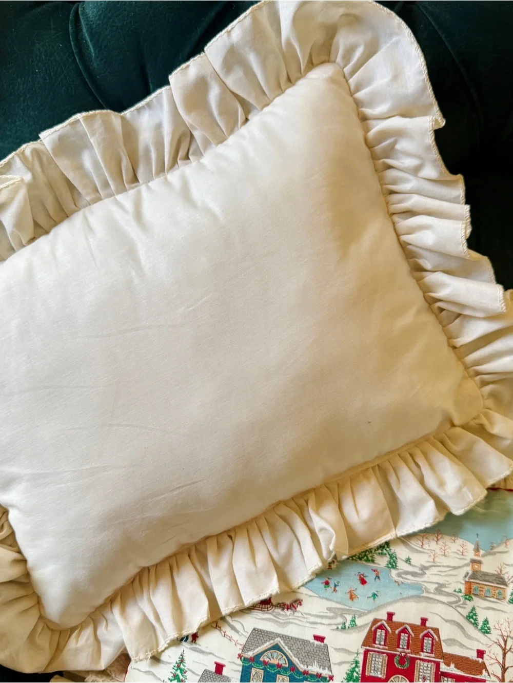 Vintage Handmade Holiday Village Ruffled Pillow Covers - Cream, Red & Blue